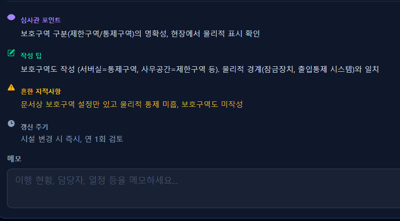 심사관 포인트 화면 — 흔한 지적사항, 작성 팁, 갱신 주기